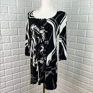 WHITE HOUSE BLACK MARKET ABSTRACT DRESS TUNIC BLACK WHITE CHIFFON RUFFLE SZ SM